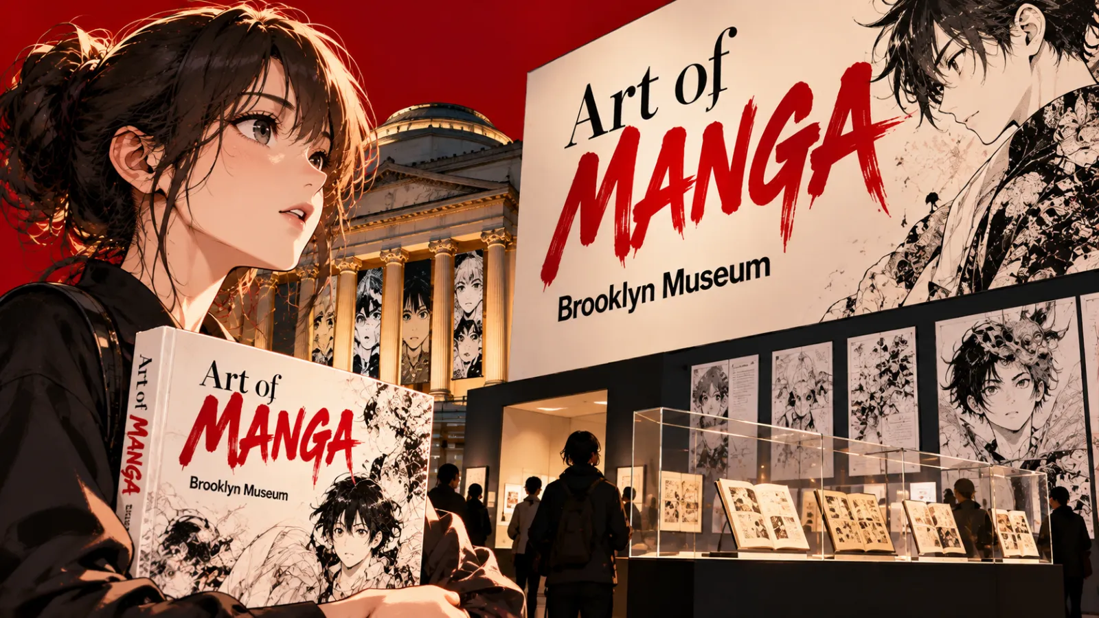 Art of Manga au Brooklyn Museum : illustration éditoriale non officielle d'une exposition de planches manga sur fond rouge