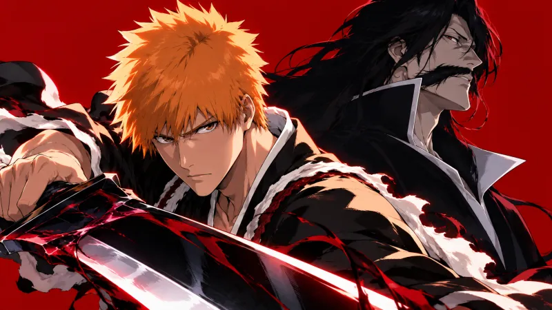 Illustration IA non officielle : Ichigo Kurosaki face à Yhwach, BLEACH Thousand-Year Blood War, sur fond rouge uni