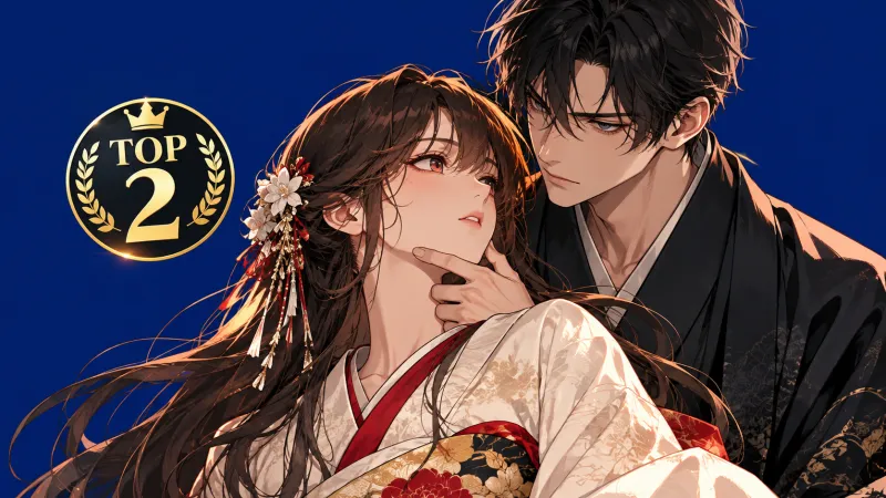 Illustration éditoriale de Firefly Wedding, Satoko et Shinpei, avec badge Top 2 sur fond bleu uni