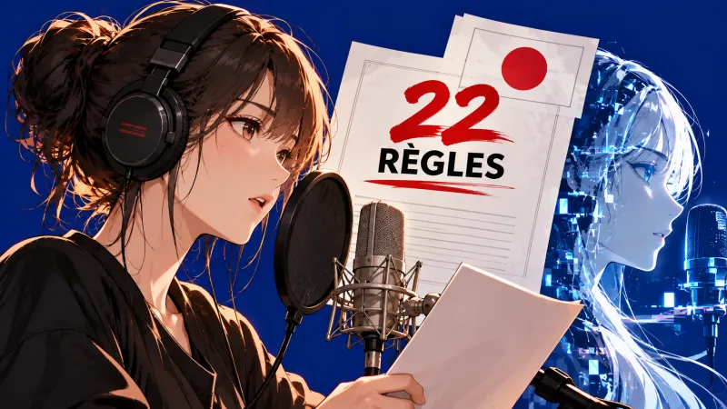 Doublage anime et IA : comédienne japonaise face à une voix artificielle, document 22 règles, fond bleu uni