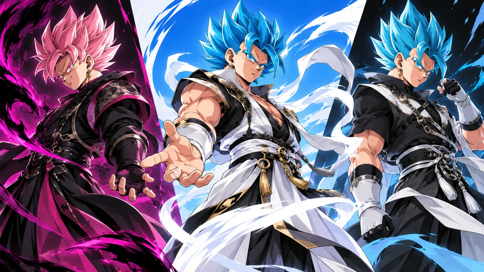 Illustration éditoriale non officielle de trois guerriers inspirés de Dragon Ball avec des tons rose, bleu et noir