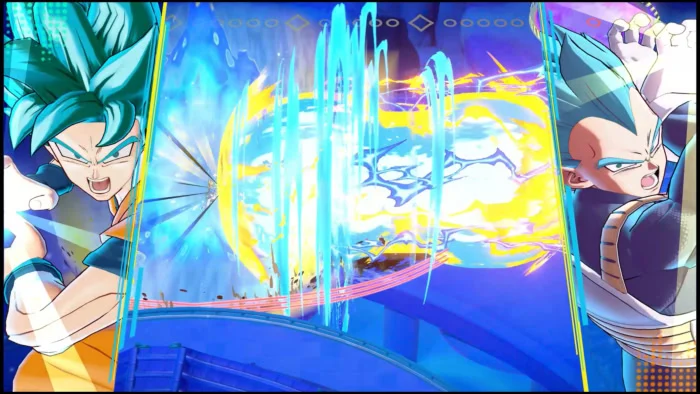 Goku et Vegeta Super Saiyan Blue, attaque combinée Kamehameha et Galick Gun dans Dragon Ball Gekishin Squadra