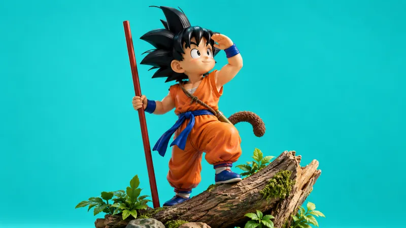 Illustration éditoriale non officielle d'une figurine de jeune Goku sur une souche, fond turquoise uni