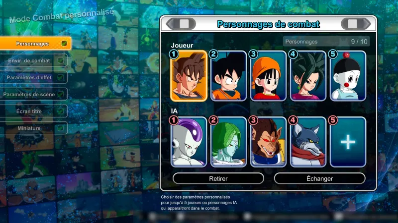 Écran officiel de sélection des personnages dans Dragon Ball Sparking ZERO, avec les combattants des équipes