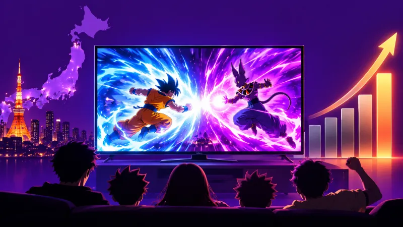 Illustration non officielle de spectateurs devant Dragon Ball à la télévision avec un graphique symbolique, fond violet