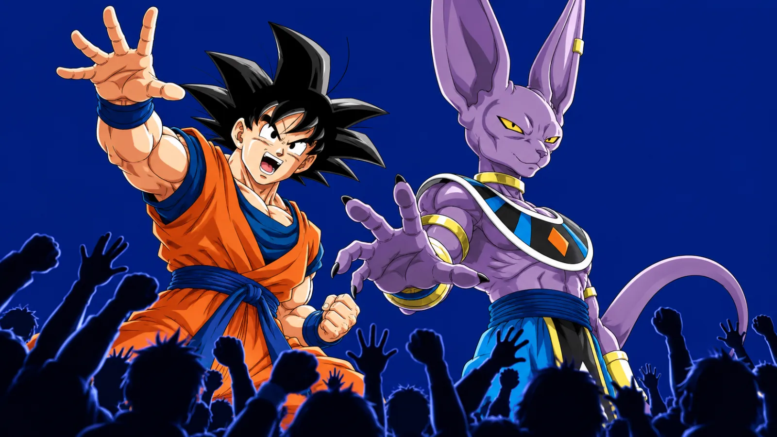 Illustration de Goku et Beerus devant une foule sur un fond bleu uni