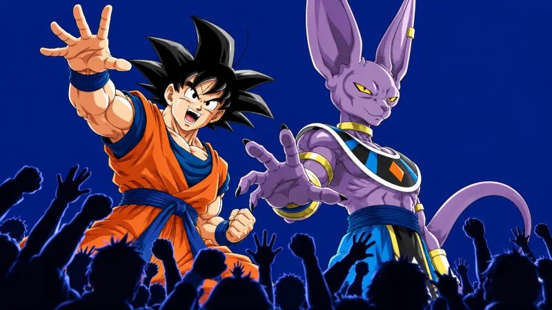 Illustration de Goku et Beerus devant une foule sur un fond bleu uni