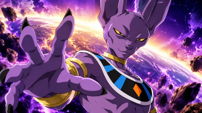 Beerus dans une scène cosmique violette pour Dragon Ball Super: Beerus