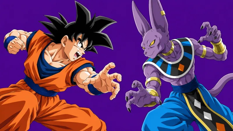 Illustration éditoriale de Goku face à Beerus sur un fond violet uni
