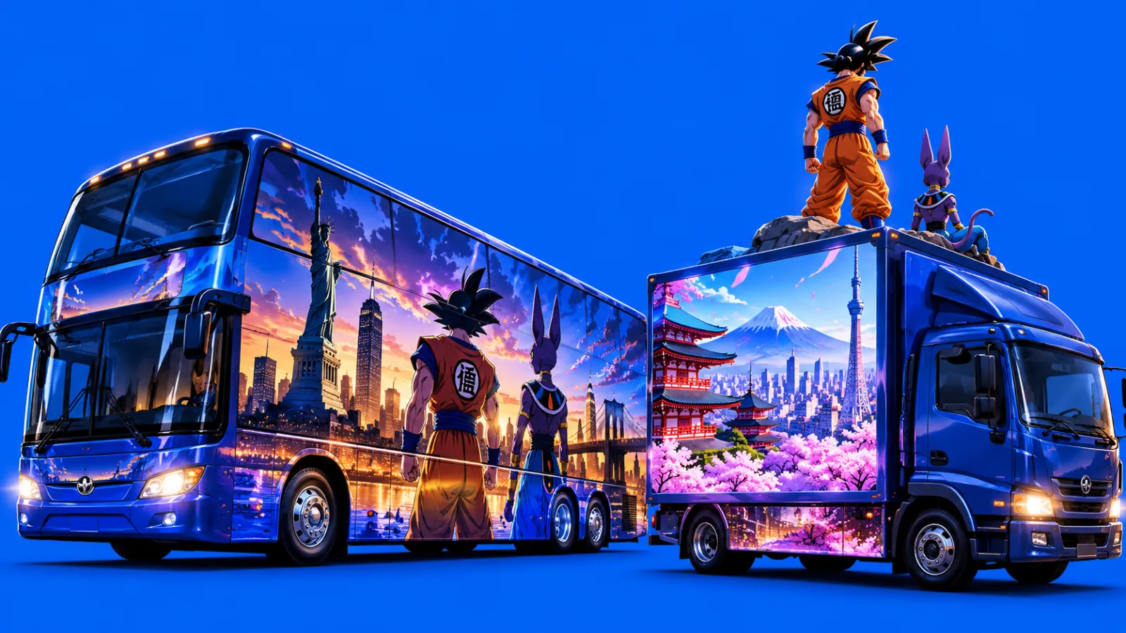 Illustration originale de bus et camions promotionnels Dragon Ball sur fond bleu uni, non officielle
