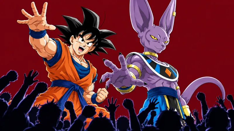 Goku et Beerus devant une foule, fond rouge uni — illustration éditoriale non officielle