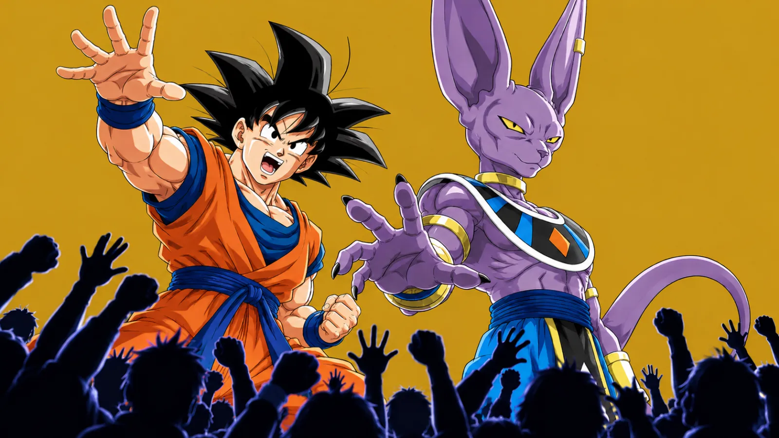 Goku et Beerus, personnages illustrés devant un fond jaune uni, visuel non officiel