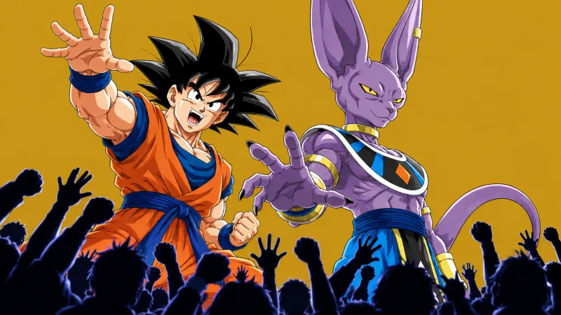 Goku et Beerus, personnages illustrés devant un fond jaune uni, visuel non officiel