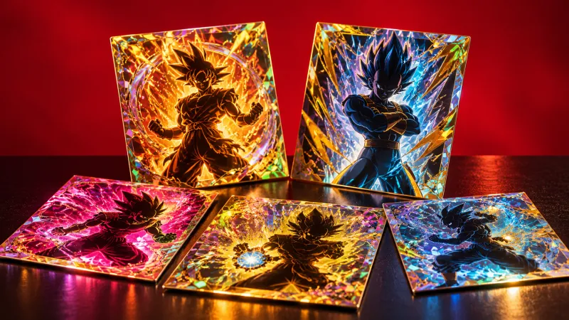 Illustration éditoriale de cartes holographiques de guerriers Saiyans sur fond rouge uni, non officielle