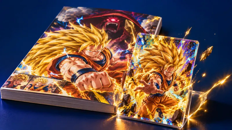 Illustration éditoriale non officielle d'une carte Goku Super Saiyan 3 devant un magazine sur fond bleu