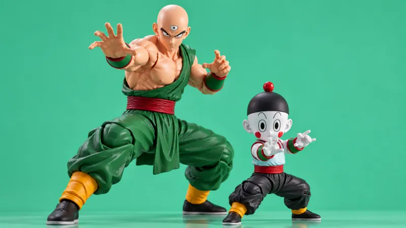 Illustration non officielle de figurines Tenshinhan et Chaozu en position de combat sur fond vert menthe