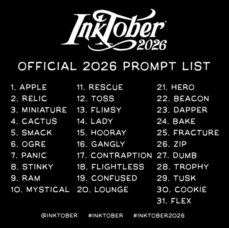 Affiche officielle Inktober 2026 avec la liste des 31 thèmes de dessin