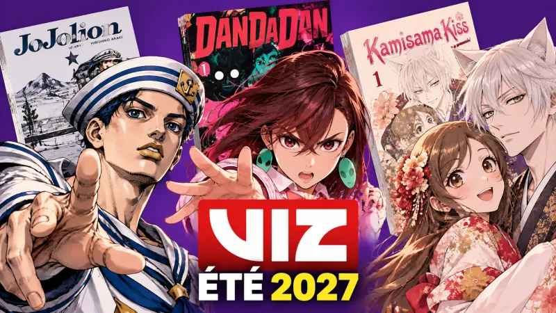 Illustration éditoriale JoJolion, Dandadan et Kamisama Kiss : éditions VIZ Media été 2027 sur fond violet uni