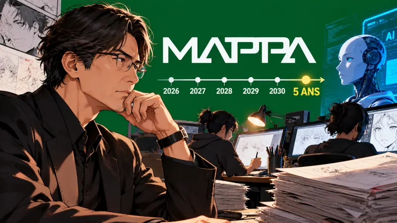 Illustration éditoriale MAPPA : délais de production de cinq ans, animateurs et intelligence artificielle, fond vert uni