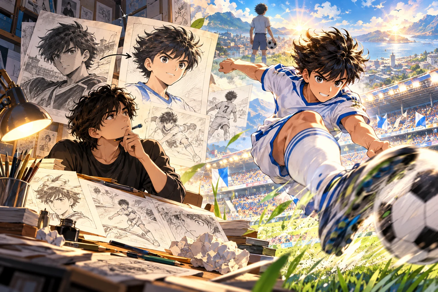 Illustration originale générée par IA pour un article sur Captain Tsubasa et Yōichi Takahashi, visuel non officiel