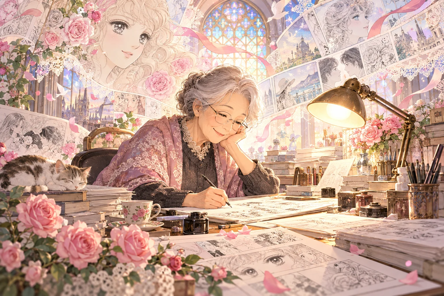 Illustration originale générée par intelligence artificielle en hommage à la mangaka Masako Watanabe, pionnière du manga shōjo
