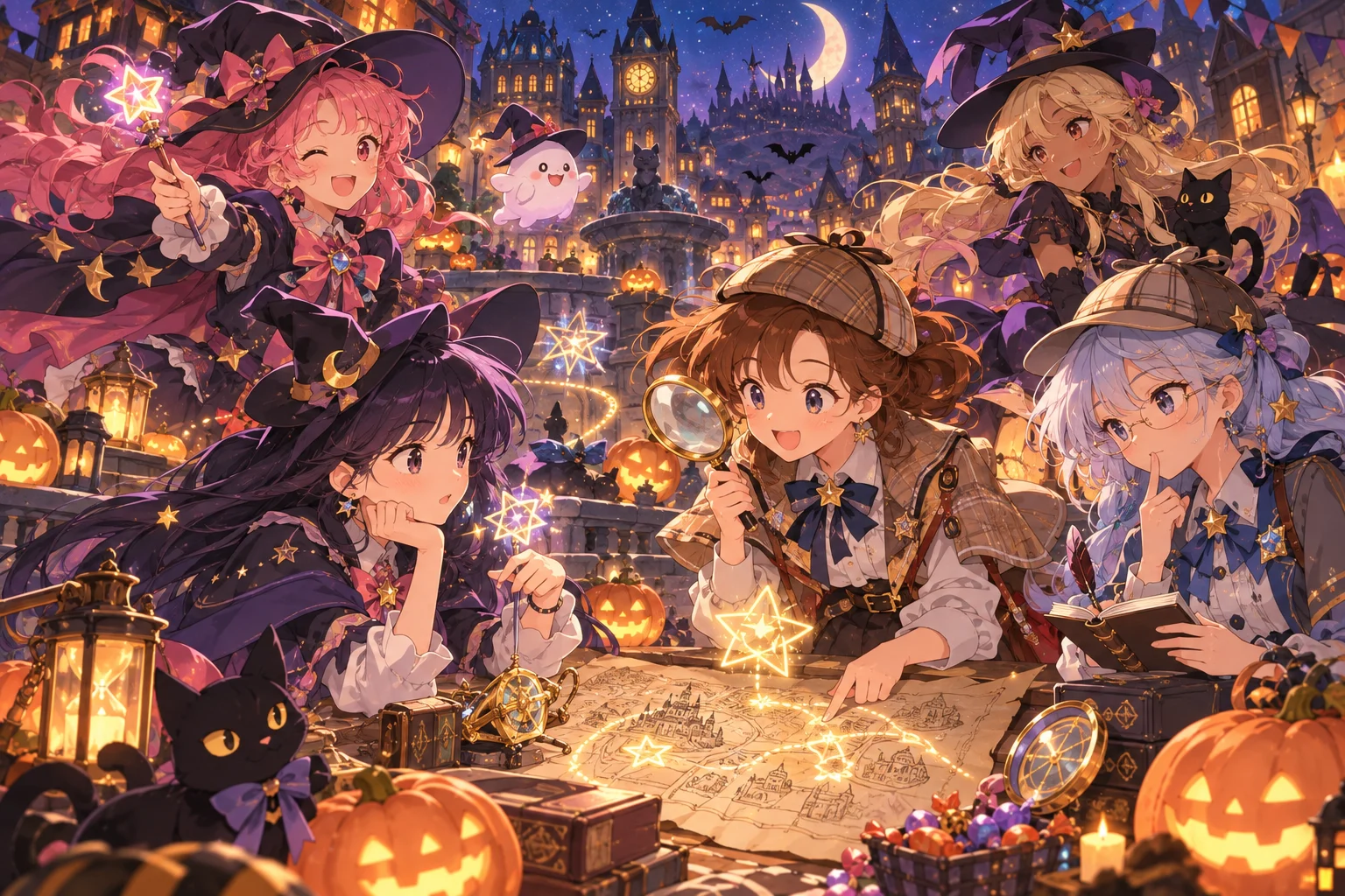 Illustration originale générée par IA pour le crossover Halloween Magical DoReMi et Star Detective Precure, visuel non officiel
