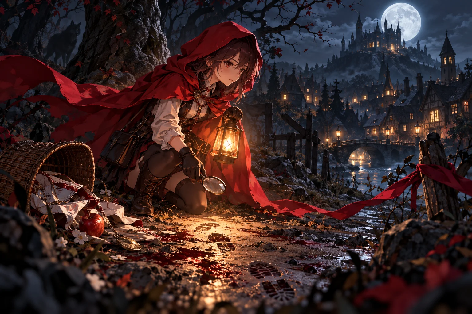 Illustration originale générée par IA pour Red Riding Hood: A Detective Story, visuel non officiel