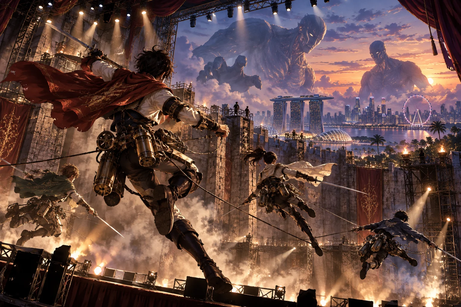 Illustration originale générée par IA pour la tournée mondiale 2027 du musical L'Attaque des Titans, visuel non officiel