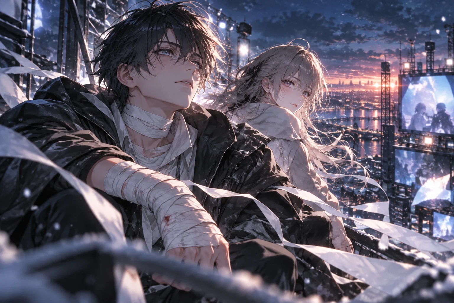 Illustration originale générée par IA pour Wound & Bandage, anime romantique prévu le 9 janvier 2027, visuel non officiel