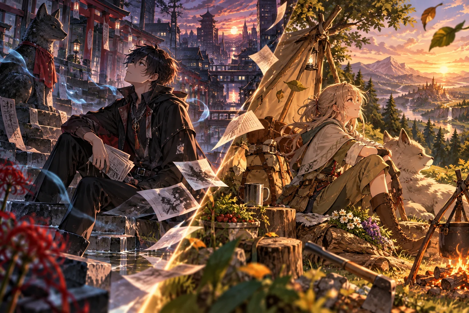 Illustration éditoriale originale représentant les univers du manga policier fantastique et de l'isekai de survie, visuel généré par IA non officiel