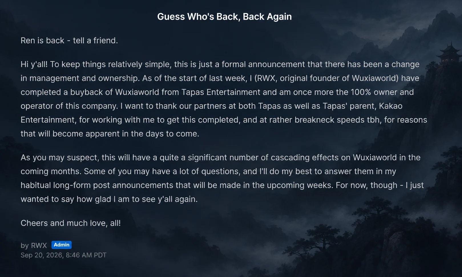 Wuxiaworld sauvé de la fermeture après son rachat par son fondateur Ren à Tapas Entertainment, illustration éditoriale non officielle retouchée par intelligence artificielle