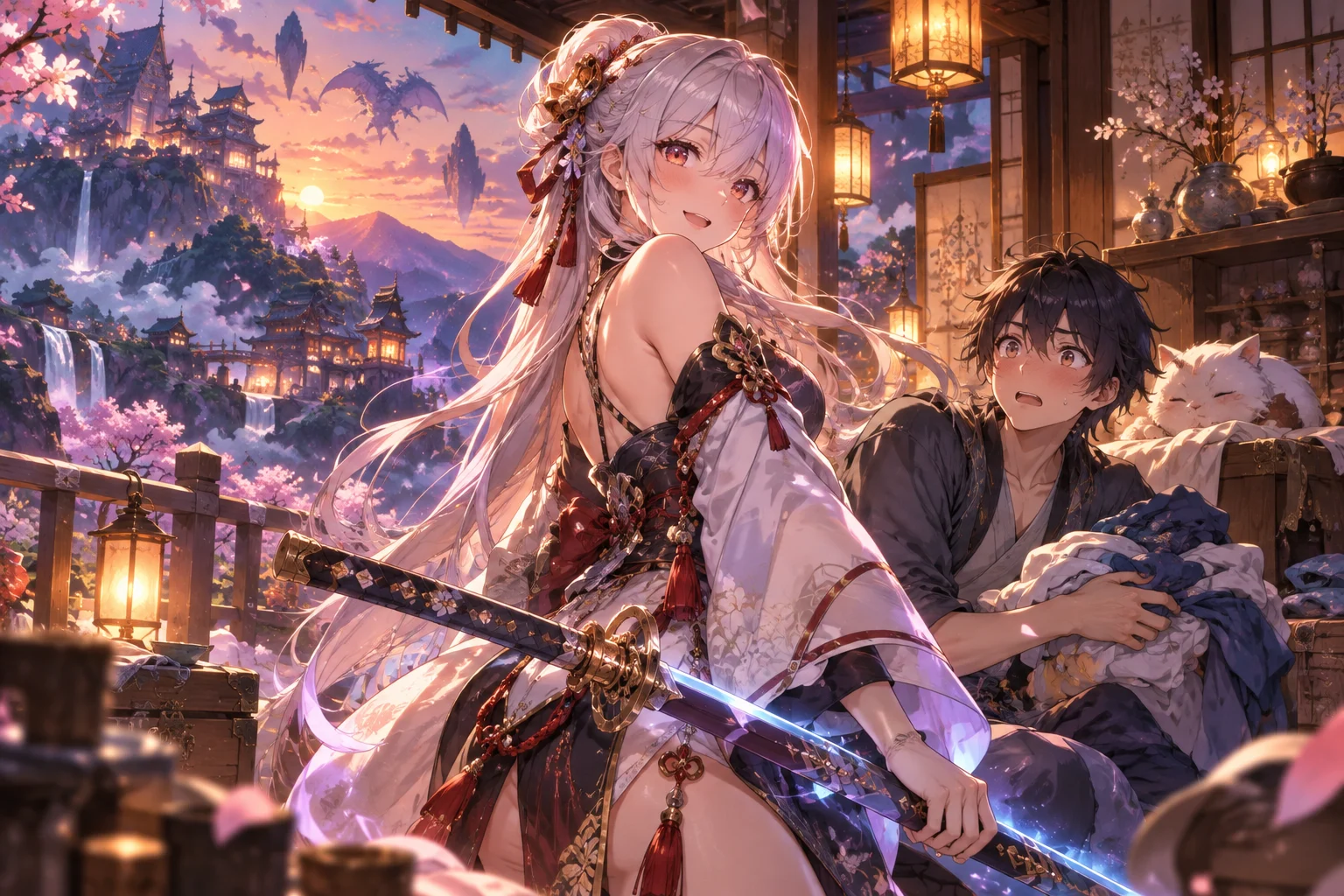 Illustration originale générée par IA pour My Sword Saint Master Is Too Cute to Live With, visuel non officiel