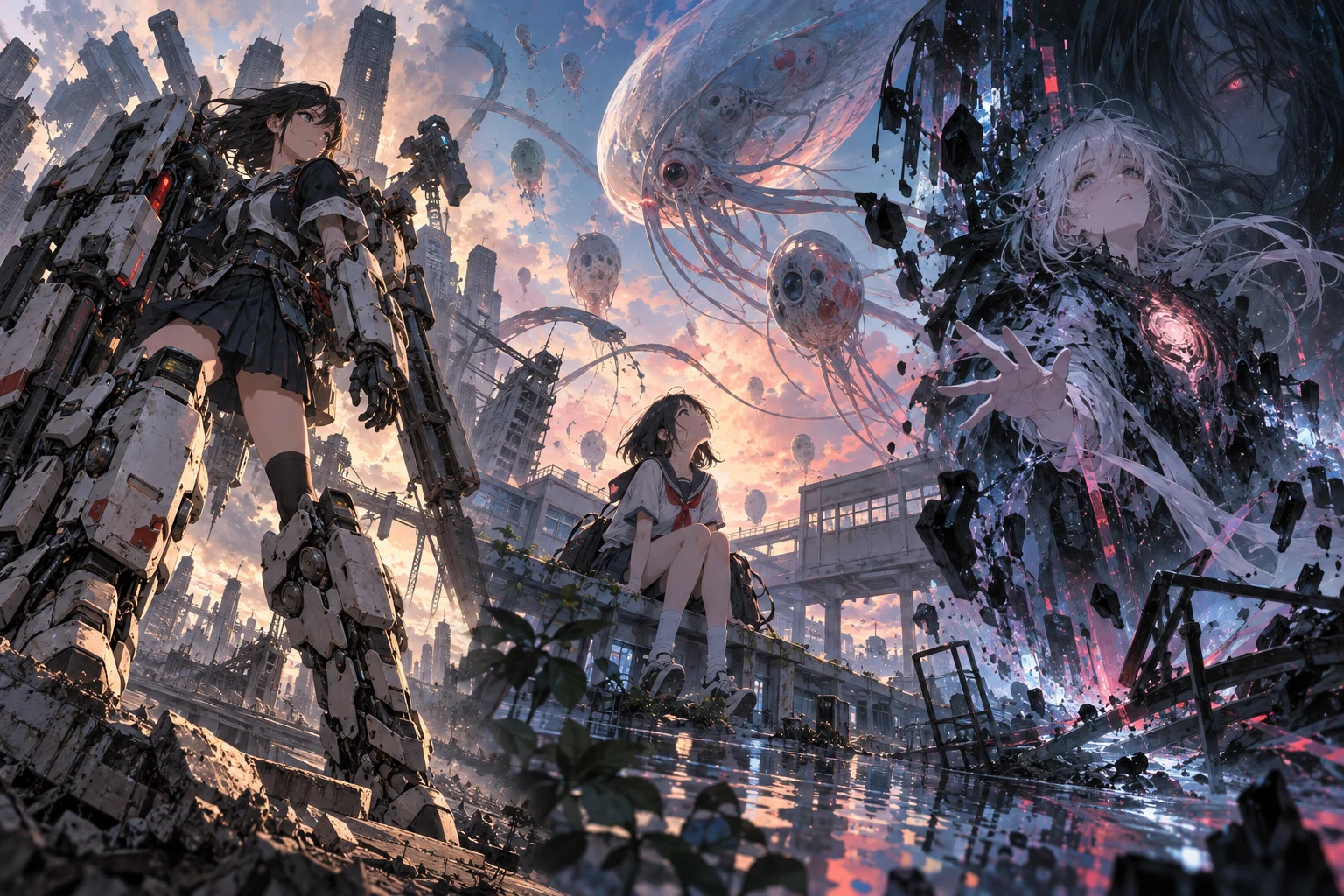 Illustration originale générée par IA pour les annonces de Jyoshikohei, Alien 9 et Phantom Core chez Peow2 en 2027, visuel non officiel