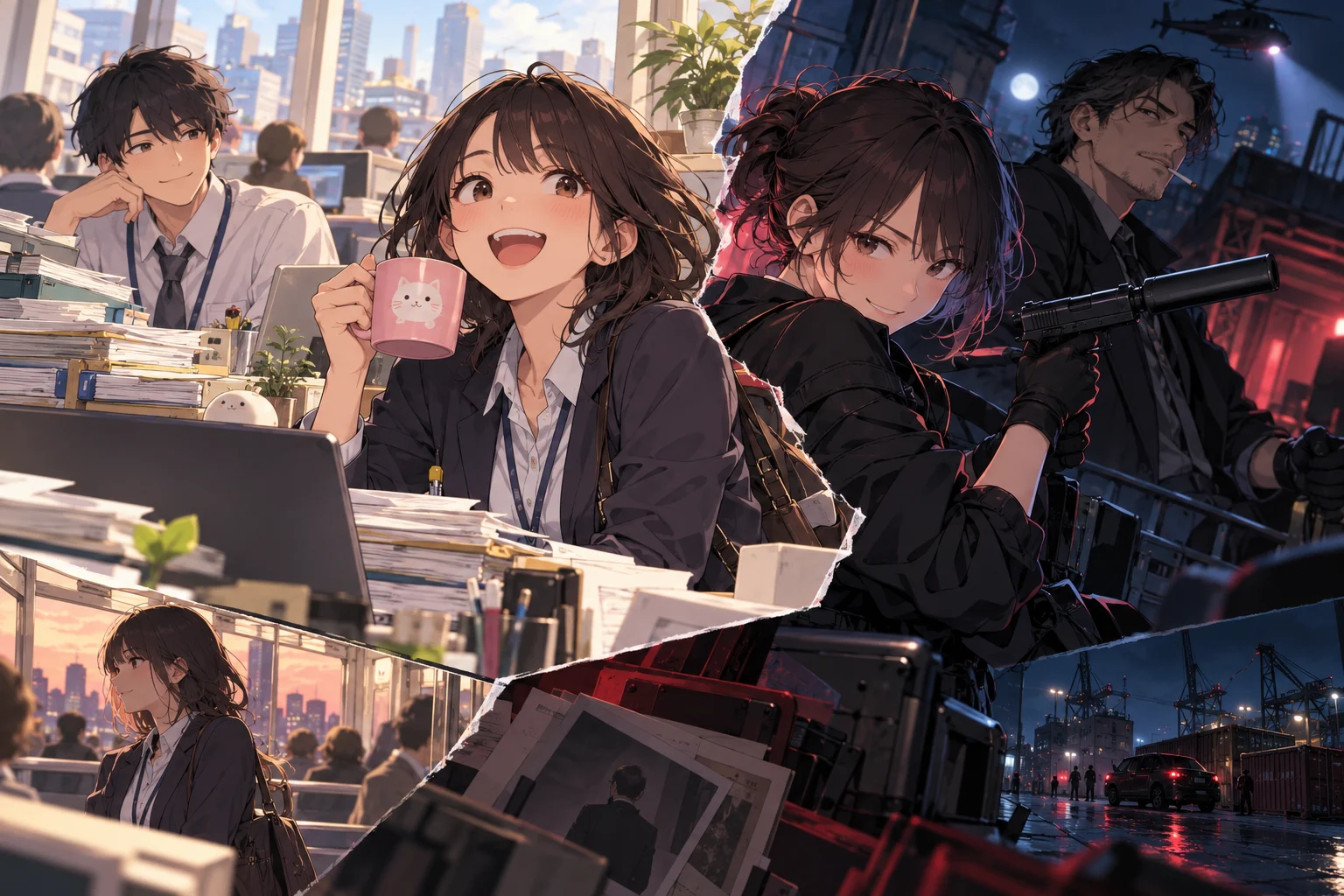 Illustration originale générée par IA pour Happy Kanako’s Killer Life, anime annoncé en avril 2027 — visuel non officiel