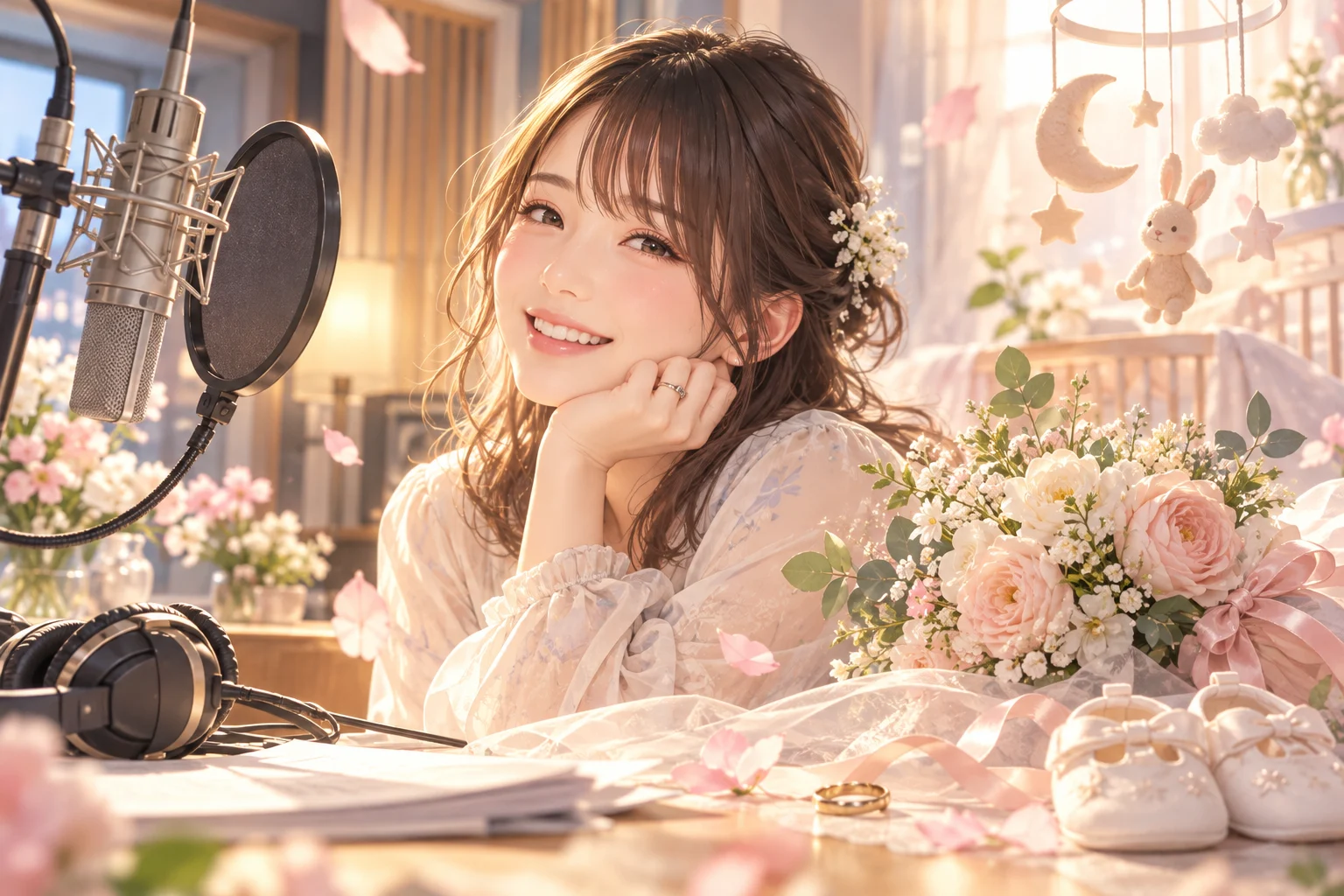 Illustration originale générée par intelligence artificielle pour l'annonce du mariage et de la naissance du premier enfant de Manaka Iwami, visuel non officiel