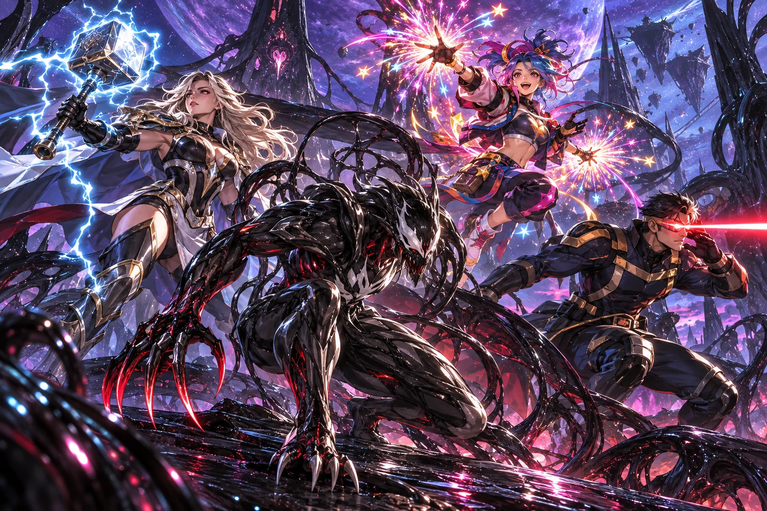 Illustration originale générée par IA pour l'annonce des DLC de Marvel Tōkon: Fighting Souls, visuel non officiel