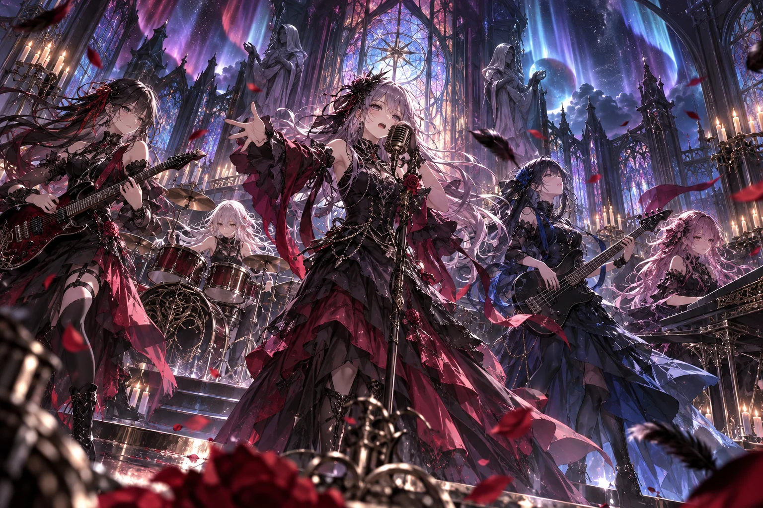Illustration originale générée par IA pour l'article consacré à Ave Mujica, God's Blood et au film BanG Dream! Ave Mujica prima aurora — visuel non officiel