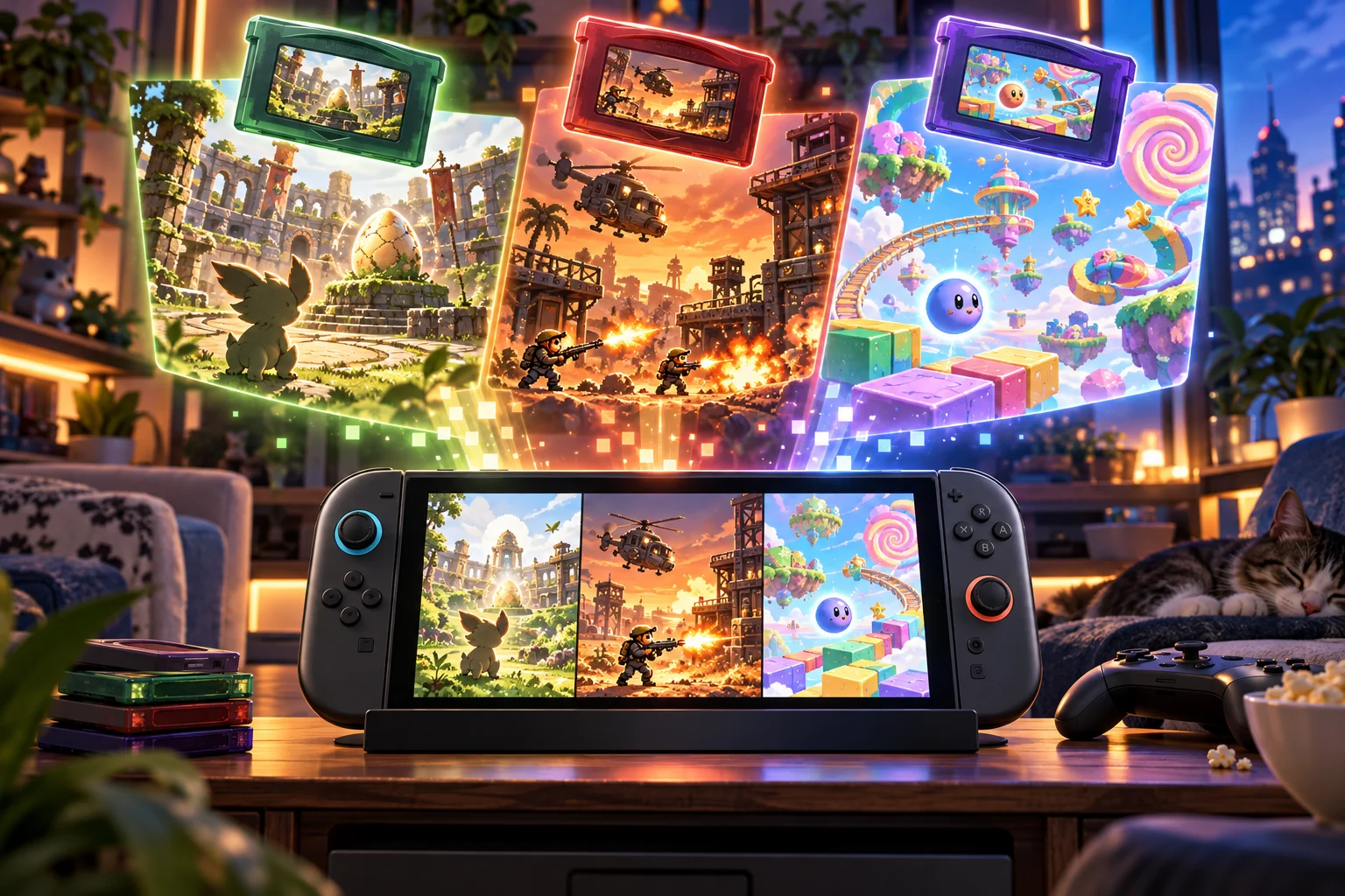 Illustration originale générée par IA pour les jeux Game Boy Advance Nintendo Switch Online d'octobre 2026, visuel non officiel