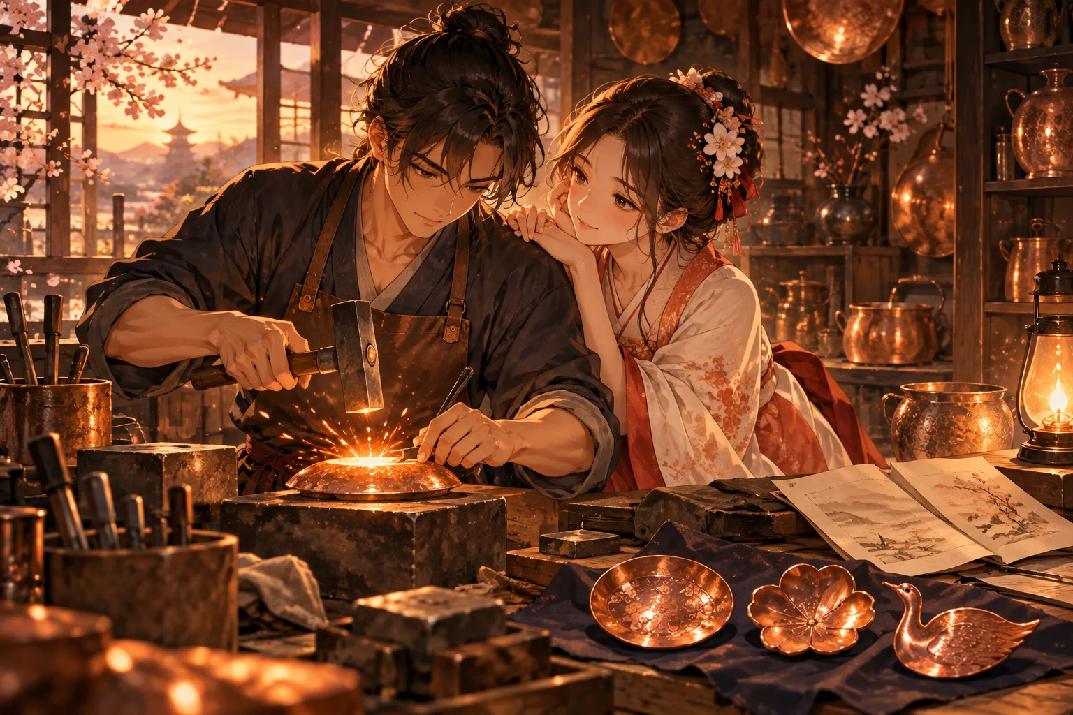 Illustration originale générée par IA pour The Coppersmith's Bride, manga romantique de namo sur un couple et l'artisanat du cuivre, visuel non officiel