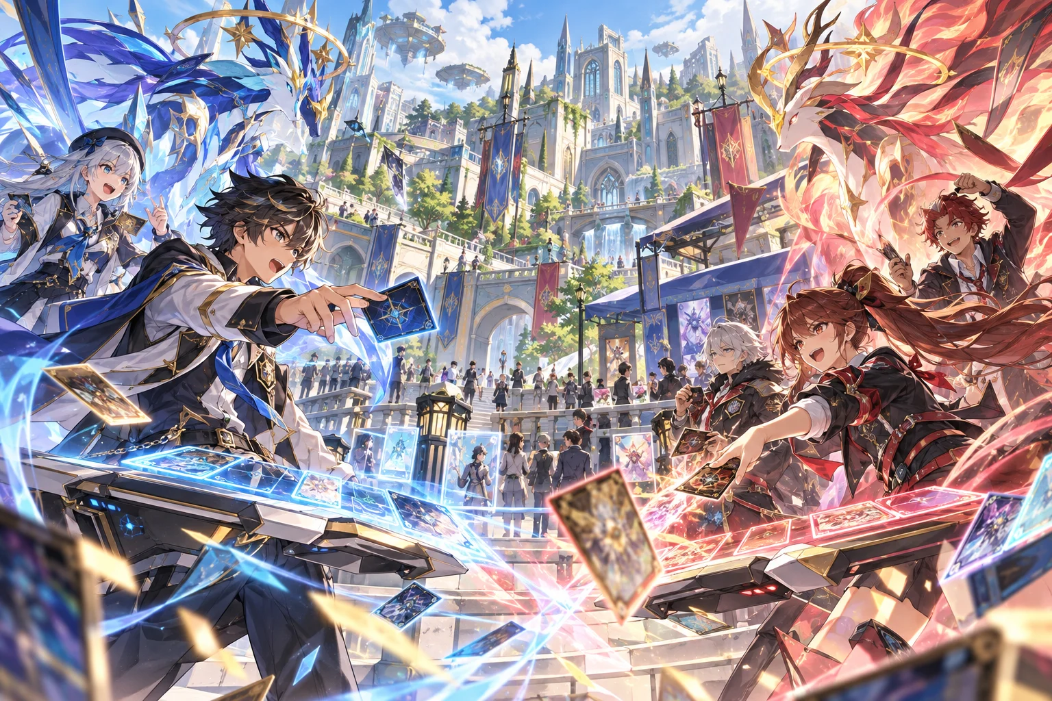 Illustration originale générée par IA pour l'actualité Yu-Gi-Oh! TAG FORCE GX au NYCC 2026, visuel non officiel