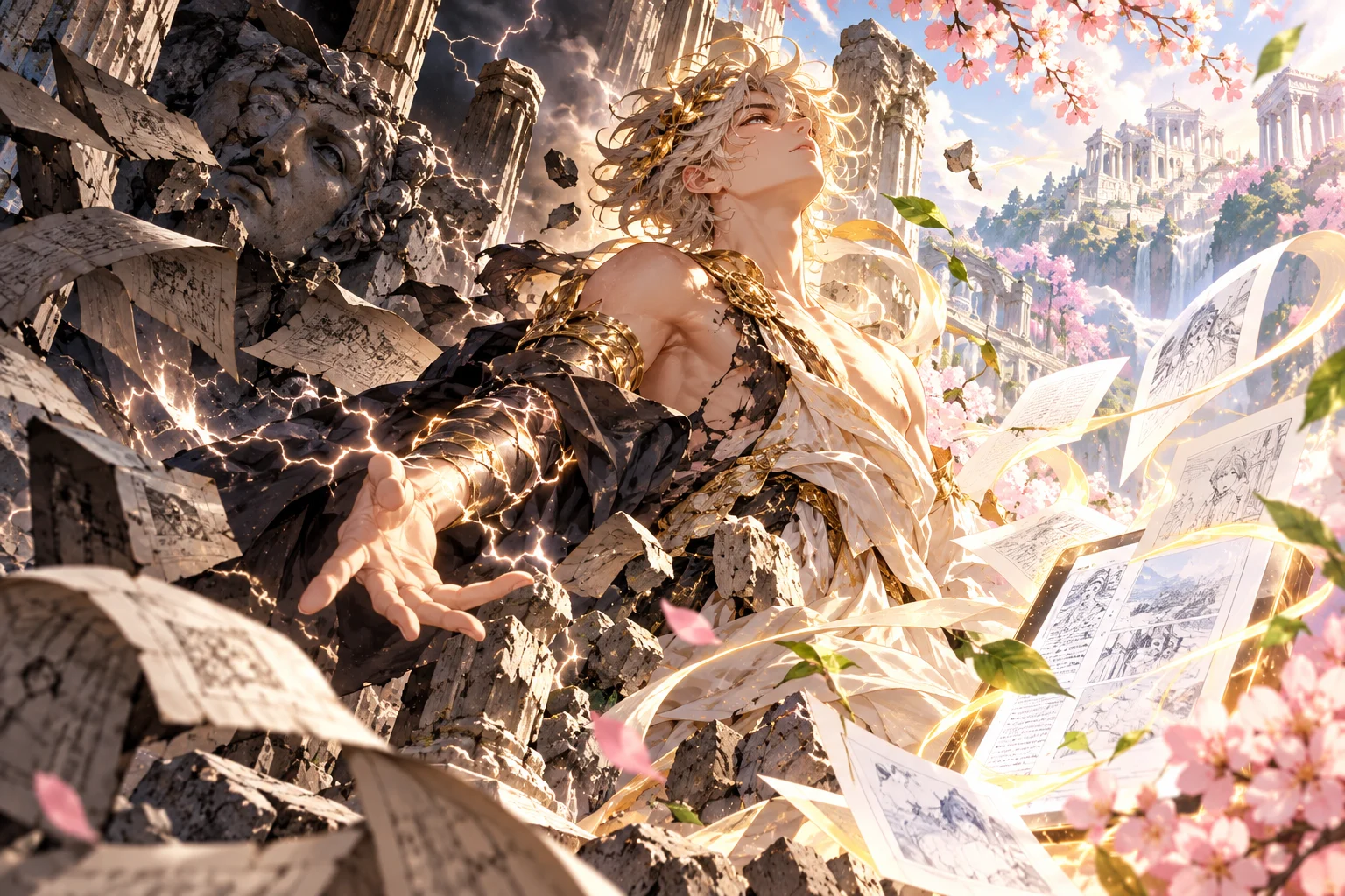 Illustration originale de fantasy mythologique pour Fallen Zeus, manga d'Ei Ohitsuji dont la publication reprendra en 2027 chez Ichijinsha — visuel IA non officiel
