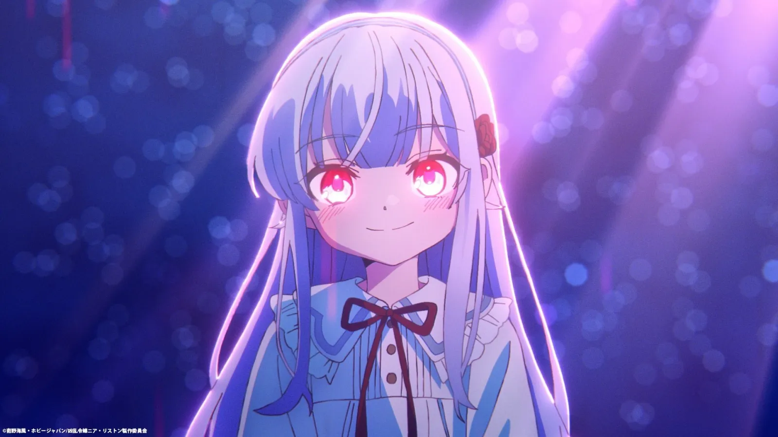 Nia Liston sur un visuel anime violet et bleu