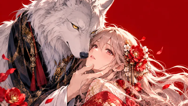 Illustration shōjo romantique non officielle pour The Wolf King's Bride : une jeune mariée et un loup royal sur fond rouge uni